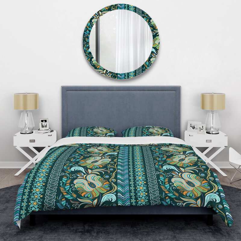 Motif à rayures vertes et bleues - Ensemble de housse de couette abstrait - Microfibre de polyester
