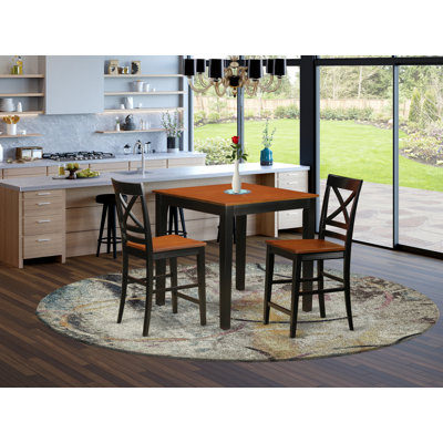 3 Piece Counter Height Dining Table Set Contains a Square Kitchen Table and 2 Dining Chairs, Black & Cherry