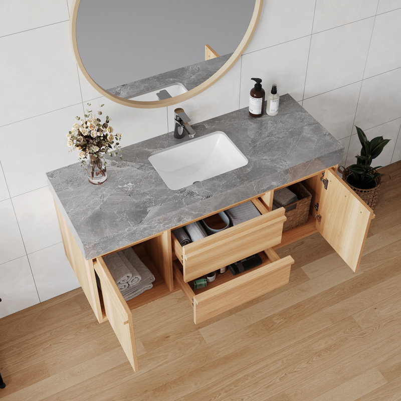 Meuble-lavabo mural simple 48 po avec comptoir en pierre frittée grise, lavabo encastré en céramique blanche, armoire en bois massif multicouche en bois naturel, portes et tiroirs à fermeture en douceur