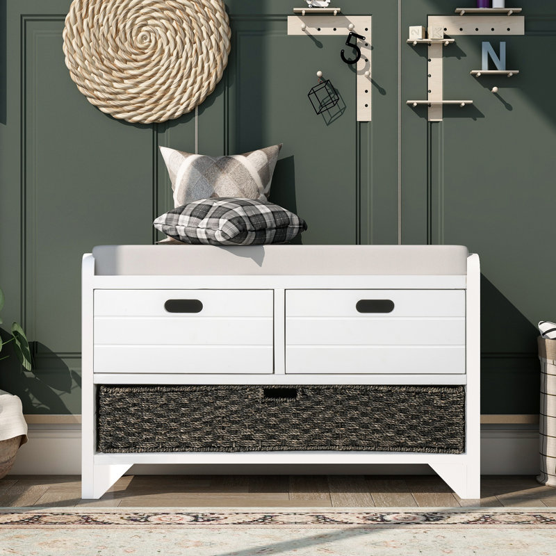 Banc, banc de rangement, banc d'entrée, banc de rangement rembourré, avec panier et tiroirs, Blanc