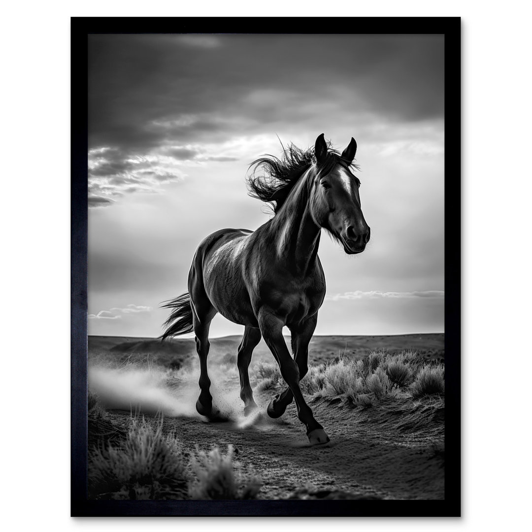 Grahame Horse Galloping Desert Landscape Black And White - Single Picture Frame Print