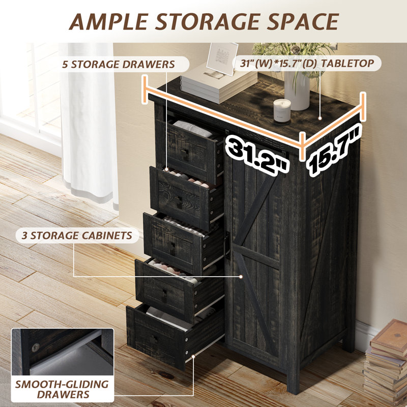 48" Tall Farmhouse 5 Drawers Dressers, Black
