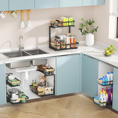 2-Tier Under Sink Organizer With Sliding Drawers, Adjustable Height Metal Rack For Kitchen And Bathroom Cabinet Storage