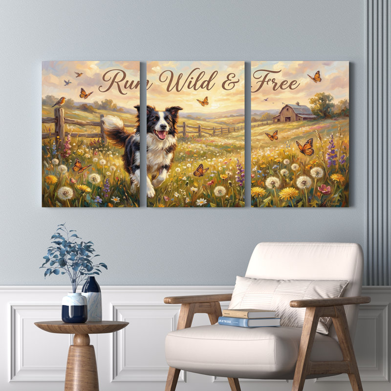 Ensemble de 3 toiles murales représentant un Border Collie dans un champ de fleurs avec papillons et oiseaux. Décoration murale champêtre pour salon, chambre à coucher et intérieur.