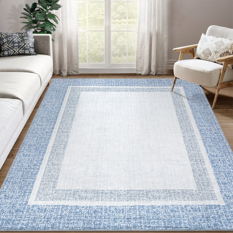 Modern Machine Washable Rug Bordered Design Non-Slip Low Pile Rubber Backing Area Rug for Living Room Bedroom Kitchen Dining Room