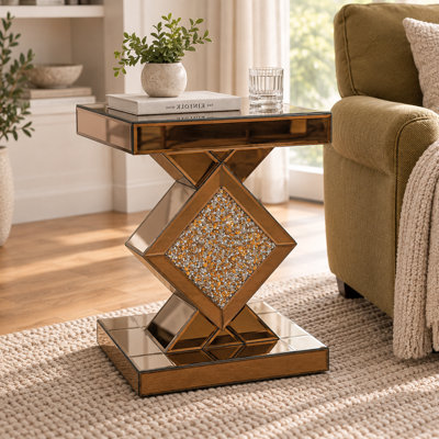 Petite table d'appoint marron avec miroir et motif de diamants broyés pour salon