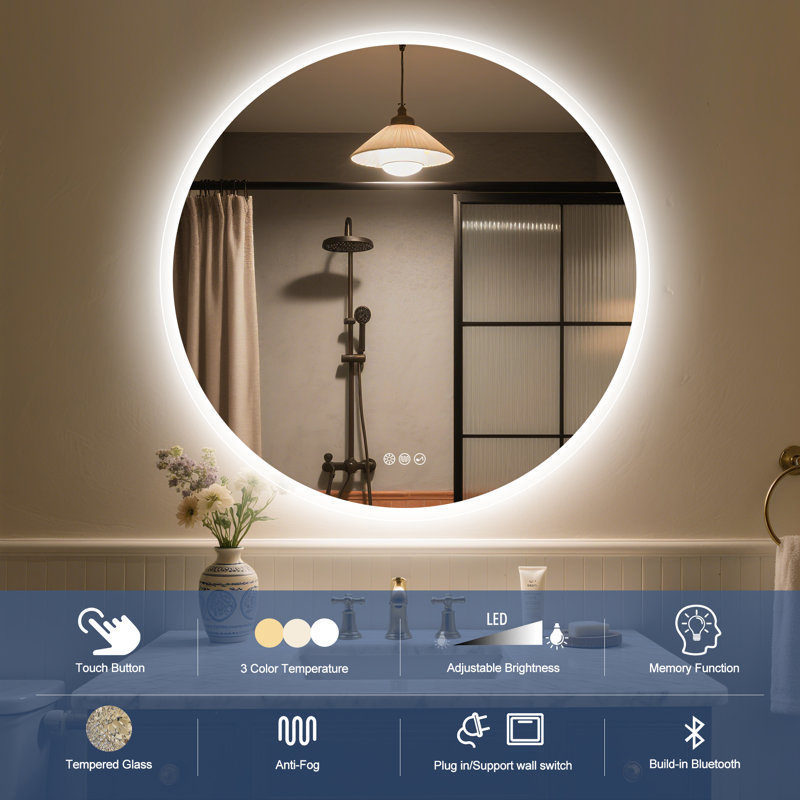 Round Vanity Mirror with Lights, Defogging, Bluetooth, Dimmable Temperature, 23.5" x 23.5"