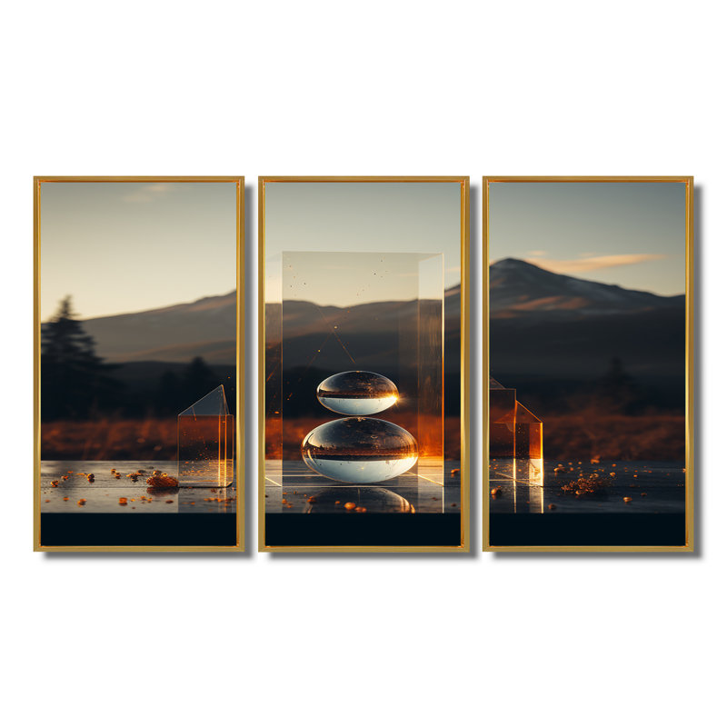 Dillion - Ensemble d'art mural paysage abstrait, Cadre flottant doré, H 28 po x l 36 po x P 1 po