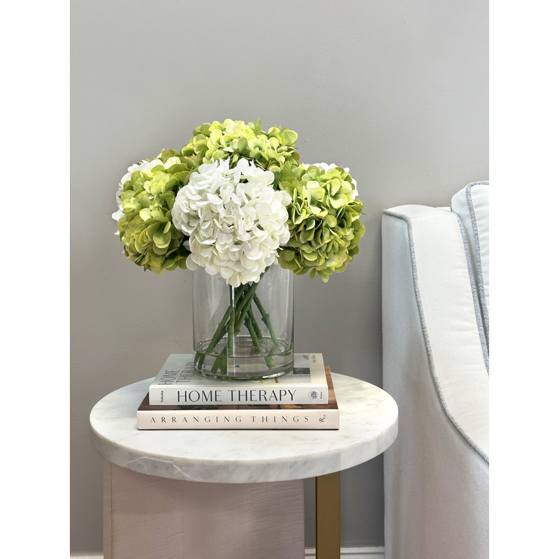 Green & White Hydrangea in Acrylic Water Vase