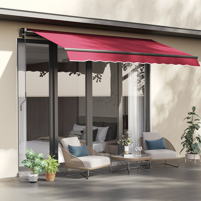10' X 8' Deck Awning - Red. & Water-. Aluminum Structure. Manual Crank. For Balcony, Yard. Multi-Surface . Sun Protection Cover Balcony Red Sunshade. Water- Fabric, Crank, Frame For Deck, Yard