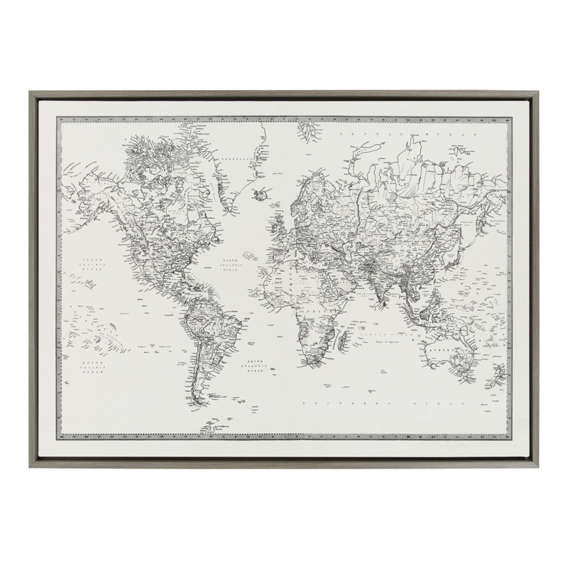 Reproduction d'art mural rétro sur toile carte du monde noir et blanc par The Creative Bunch Studio, Gris