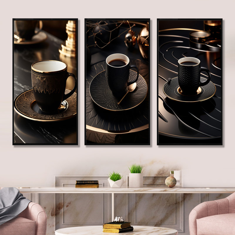 «Black Coffee Espresso Eclipses», ensemble de 4 reproductions d'art sur toile, Cadre flottant noir, H 40 po x l 60 po