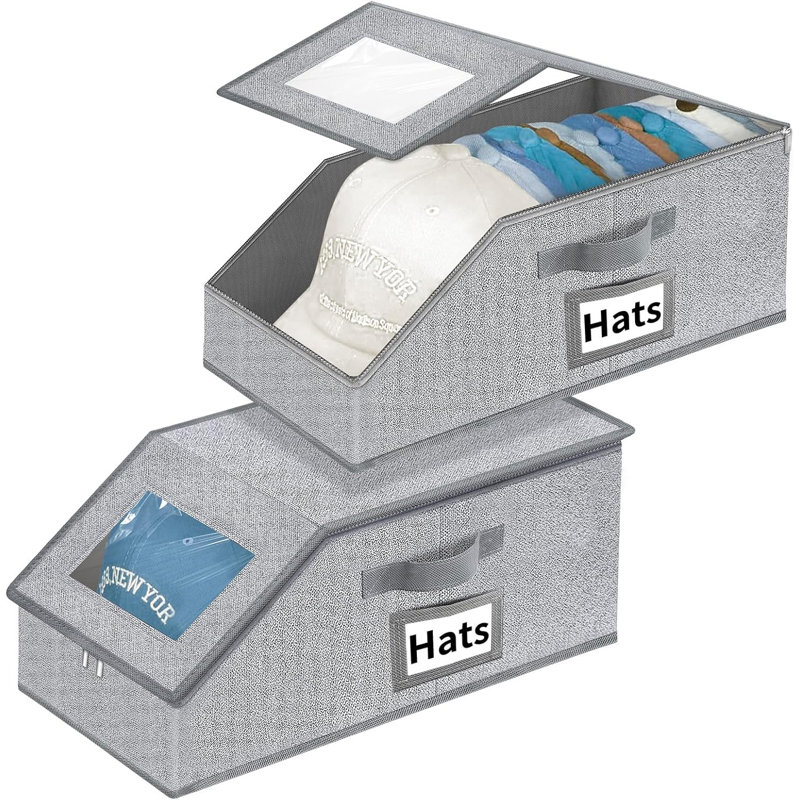 Organisateur de chapeaux pour casquettes de baseball - 2 pièces de rangement empilables avec couvercle de fenêtre transparent, couvercle rabattable, boîte à chapeaux peu encombrante pour garde-robe, tissu respirant (gris)