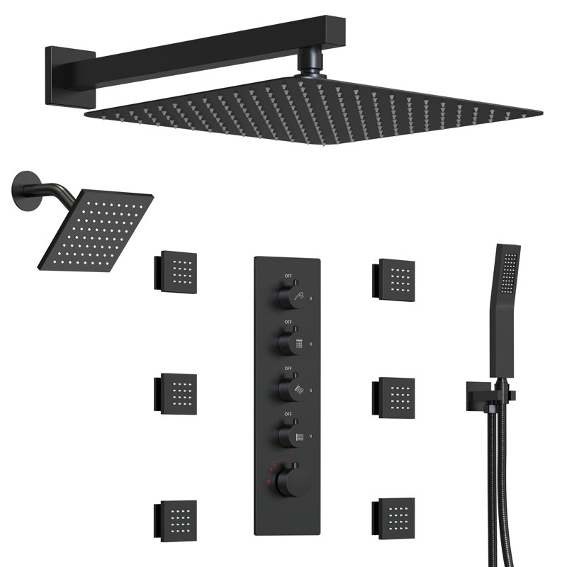  Thermostatic Dual Showerheads System, Wall Mount 16" High-Pressure Rainfall Shower Faucet with Handheld Spray and Body Jet