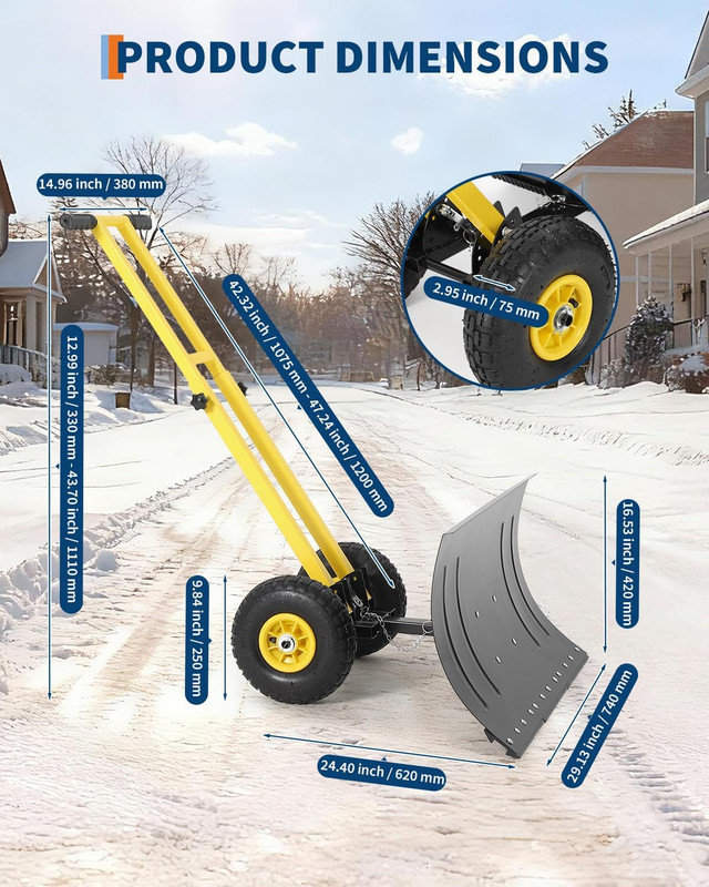 Pelle à neige avec roues, chasse-neige sur roues robuste avec poignée réglable et lame en métal, Jaune / Noir