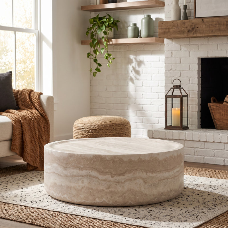 Table basse ronde de 80 cm (31,5 pouces) avec plateau imitation travertin - Table basse moderne en fibre de verre pour salon, bureau et petits espaces