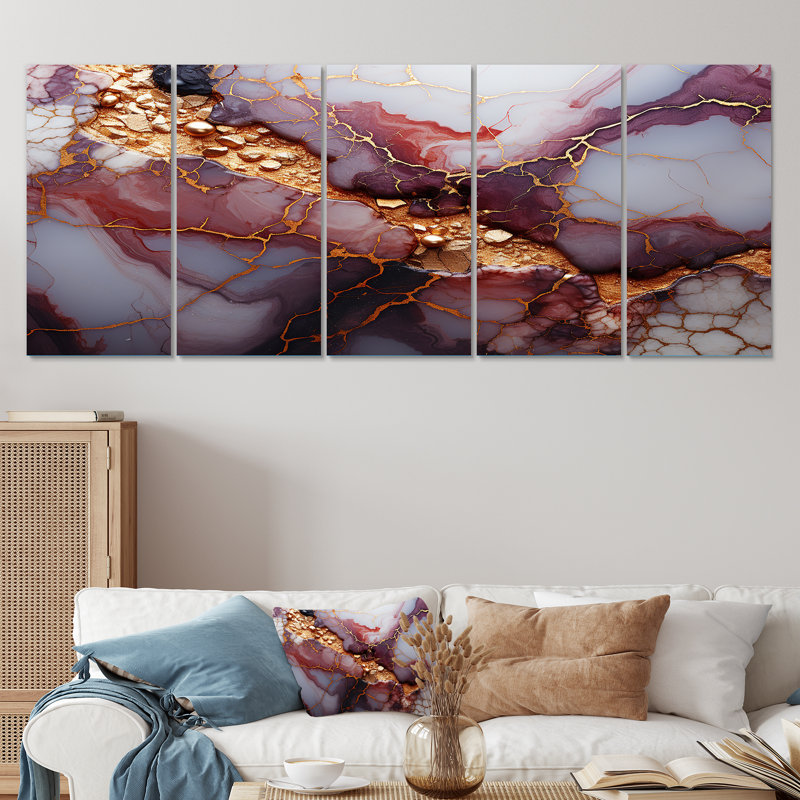 «Pink and Gold Marble River VII», ensemble d'art mural abstrait 5 pièces, H 28 po x l 60 po