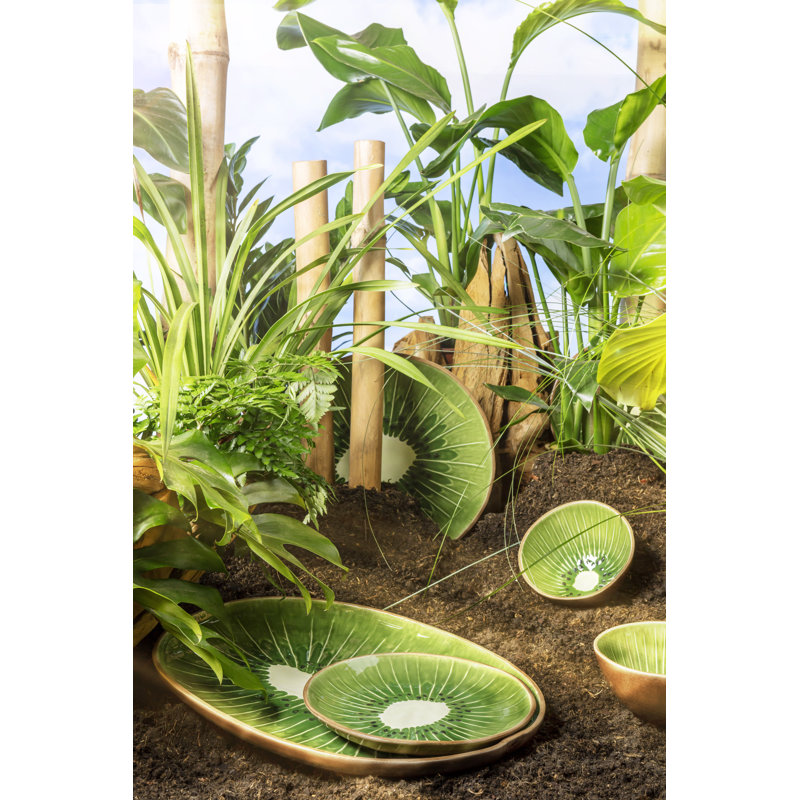 Green and Brown Ceramic Kiwi Fruit Dessert Bowls, Set of 4
