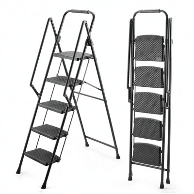 5-step ladder, folding ladder stool, with anti slip wide pedals, steel ladder, with safety anti slip handle, lightweight 330 pound portable steel ladder stool in black