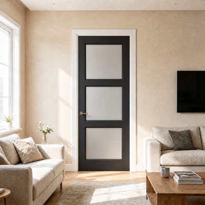 28'' X 80''H Black 3-Lite Frosted Glass Standard Painted Manufactured Wood French Doors