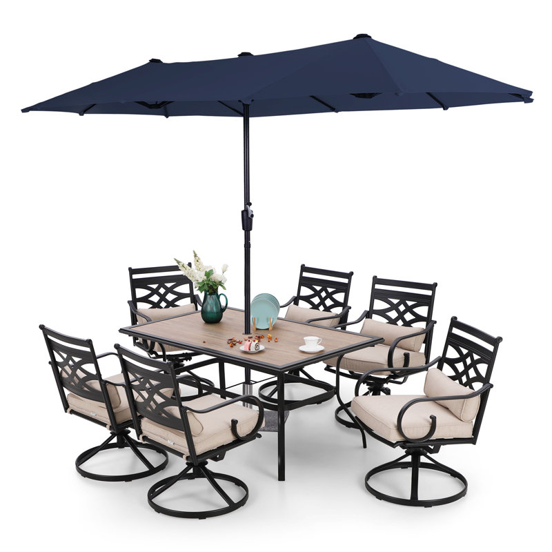Ensemble de salle à manger rectangulaire pour 60 personnes avec coussins et parasol Leonard, Beige
