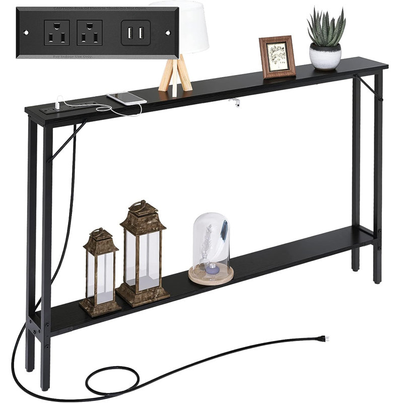 Sofa Table with Outlet and USB Port, 49" Console Behind Couch Table with Steel Frame,, Black