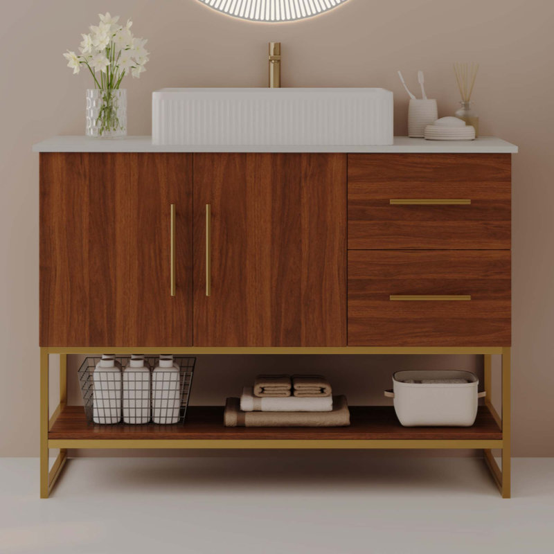 Meuble-lavabo moderne avec lavabo vasque en céramique, armoire autoportante dorée, Rectangle, Gold,Walnut