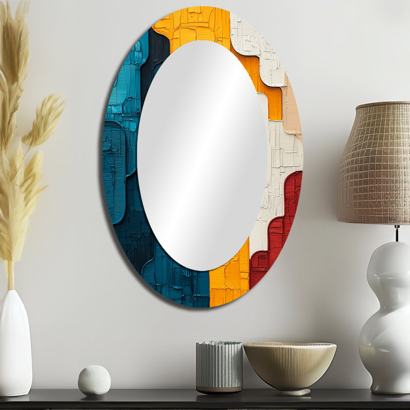 Urban Jazz Transitional Blue And Yellow Collage I - Abstract Oval Decorative Mirror On Metal, 36" x 24"