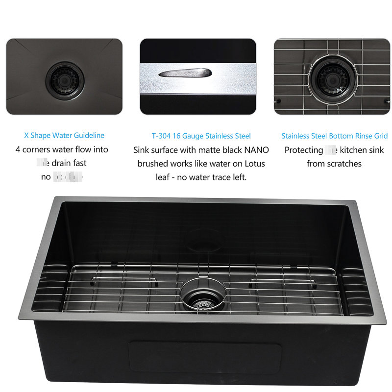 Gunmetal Black 28 X 18 Inch Undermount Single Bowl Kitchen Sink 16 Gauge 10 Deep, Sus304 Stainless, Hand - Crafted, Soundproof, Condensation Deep Crafted Brushed, Condensation, Drain And Grid