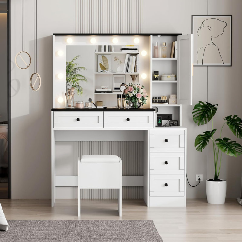 Makeup Vanity Stool Set, Small Vanity Desk With Lighted Mirror, Charging Station, Lindsborg Drawers, White