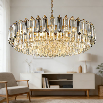 Lustre en cristal doré à 3 niveaux avec 12 lumières, luminaire suspendu moderne à hauteur réglable pour vestibule de salon de salle à manger, éclairage de plafond à intensité variable avec cristaux K9