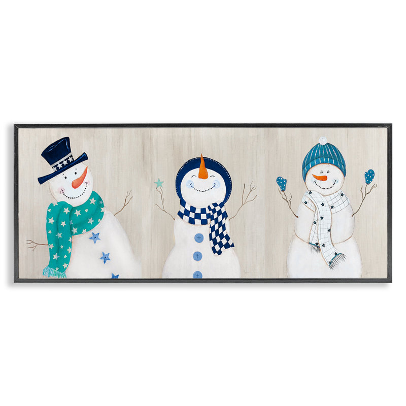 «Happy Snowman Trio», art mural sur toile par Janet Tava, Giclée encadrée noir minuit, H 10 po x l 24 po