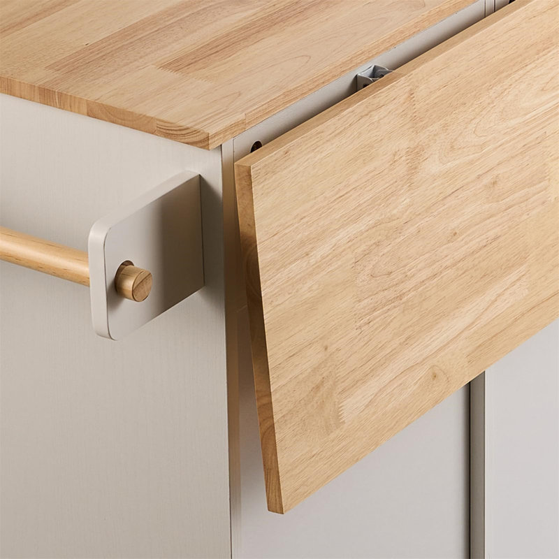 Îlot de cuisine avec plateau en bois massif, chariots mobiles d'une largeur de 45,3 po avec armoire de rangement, table de cuisine roulante avec porte-épices, porte-serviettes, abattant et tiroir, îlots sur roulettes portables, blanc