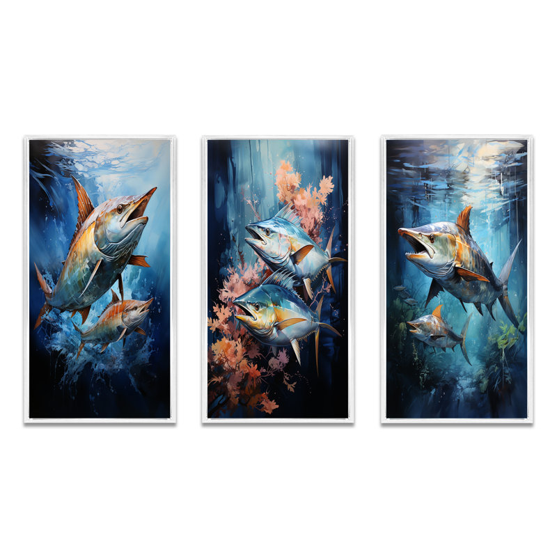 " Fishing Majestic Marlins Jumping " 3 - Pieces, 28" H x 36" W, White Framed