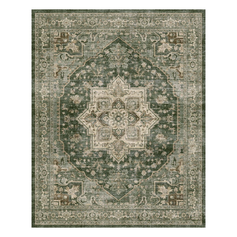Soft Green Machine Washable Vintage Area Rug For Living Room, Bedroom, Green, Rectangle 8' x 10'