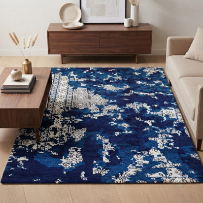Tapis d'intérieur rectangulaire en soie noué à la main, motif abstrait bleu et beige