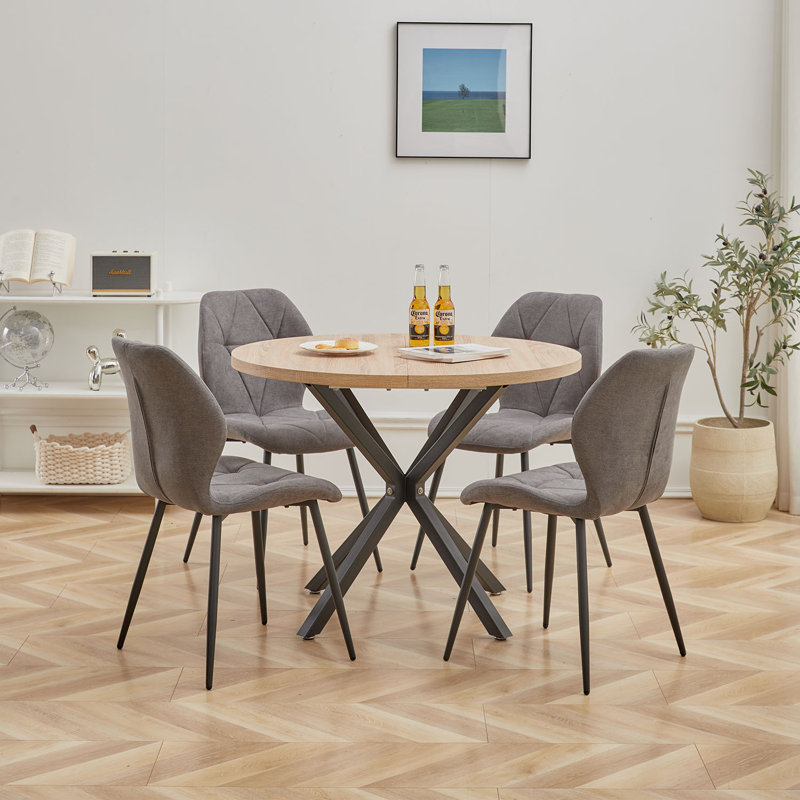 Modern Simple Round Solid Wood Dining Table Set - Set Of 4 Diamond Pattern Velvet Dining Chairs - Metal Legs - For Living Room/Bedroom