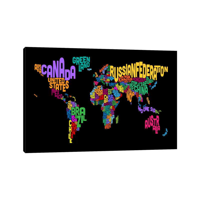 Text World Map II by Michael Tompsett - Wrapped Canvas Painting, 20.32 cm H x 30.48 cm W