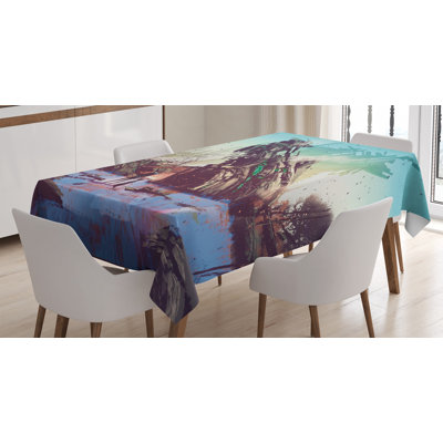 Ambesonne Fantasy World Tablecloth, Man And Dog Looking At Crashed Spaceship Imagination Futuristic Illustration, Rectangular Table Cover For Dining Room Kitchen Decor, 52" X 70", Blue Green