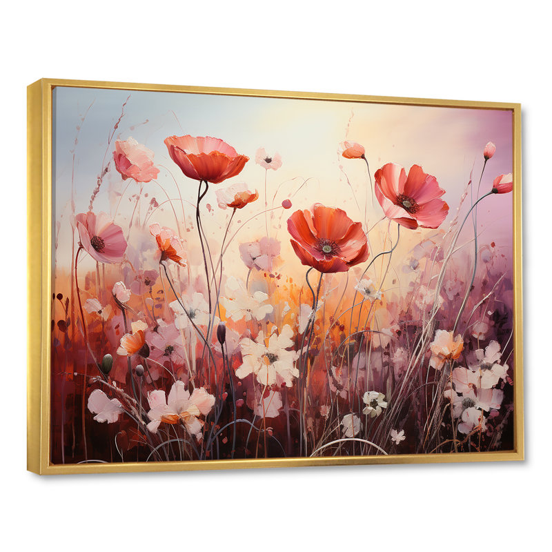 Rose et cramoisi rose - Étreinte, H 30 po x l 40 po x P 1,5 po, Cadre flottant doré