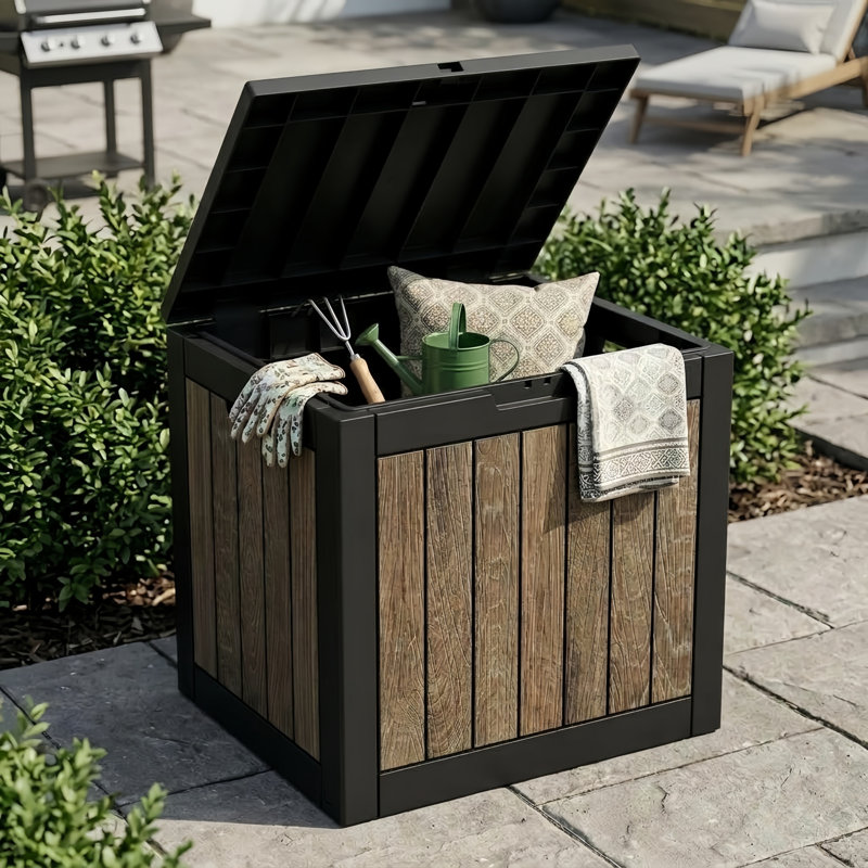 Decksplore 35 Gallon Wood-Look Resin Deck Box, Outdoor Storage Box with Lockable Lid