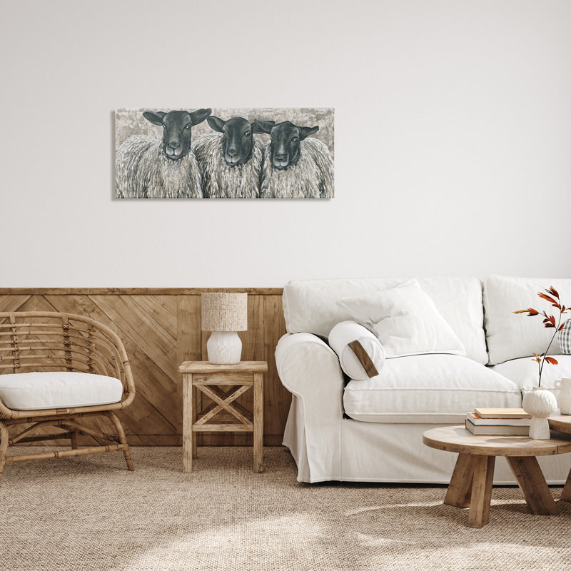 "Three Sheep Trio" par Hollihocks, reproduction d'art sur toile tendue, H 17 po x l 40 po x P 1,5 po