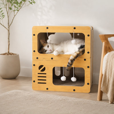 2-Tier Corrugated Cardboard Cat Scratcher House, Multi-Functional Lounge Bed for Small Cats, Scratch Pad & Scratching Post Box, Durable Cat Toy to Protect Furniture from Scratches