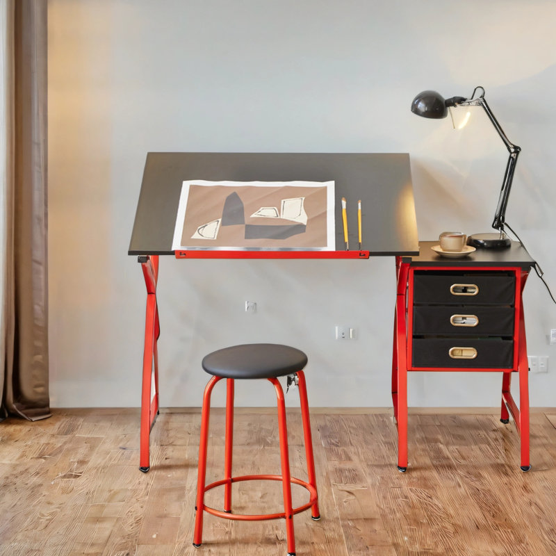 Drafting Table Adjustable Angle With 3 Drawers And Stool, Red