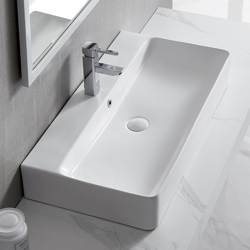 Lavabo de salle de bain mural vasque rectangulaire en porcelaine vitrifiée avec trop-plein l 32 po x P 16,5 po Turner