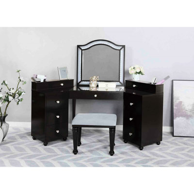 Bedroom Vanity Stool , 8Mm Clear Glass, Led Mirror, Storage Drawers, Grey Finish