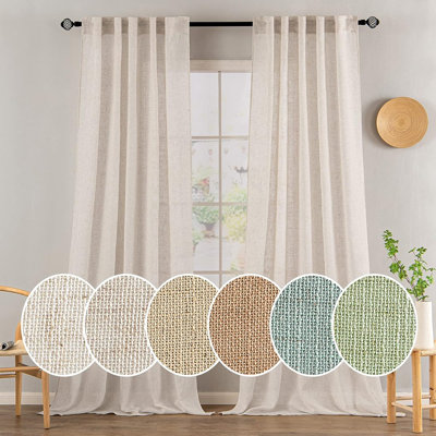 Rideaux en mélange de lin blanc naturel - Rideaux de fenêtre texturés semi-transparents avec passe-tringle et patte arrière pour la chambre à coucher, le salon et la maison de campagne, 2 panneaux
