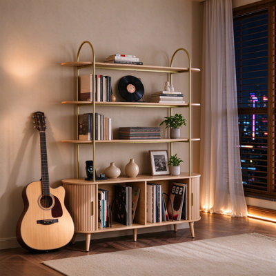 Mid-Century Record Player Stand with Charging Station and Arched Shelves