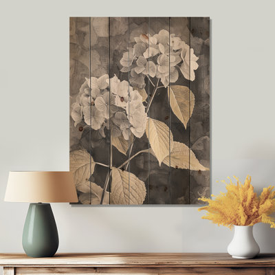 Vintage Hydrangeas In Winter Highlight II - Hydrangea Wood Wall Decor - On Natural Pine Wood