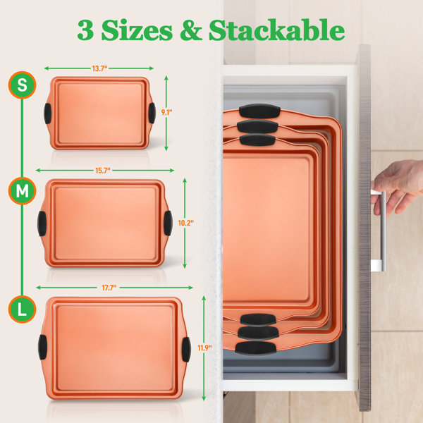 NutriChef 2-Pc. Nonstick Cookie Sheet Pan-Professional Quality Kitchen  Cooking Non-Stick Bake Trays with Black Coating Inside & Outside, l :15.7''  x